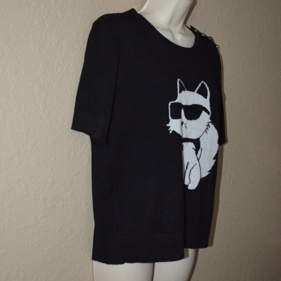 Sz M Karl Lagerfeld Paris Black White Choupette Cat Short Sleeve Soft Sweater - Picture 5 of 8